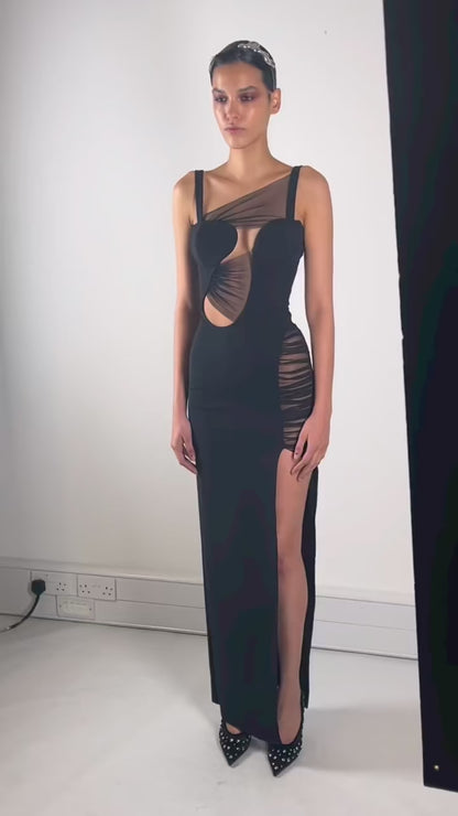 Black Hollow Out Side Split Maxi Dress