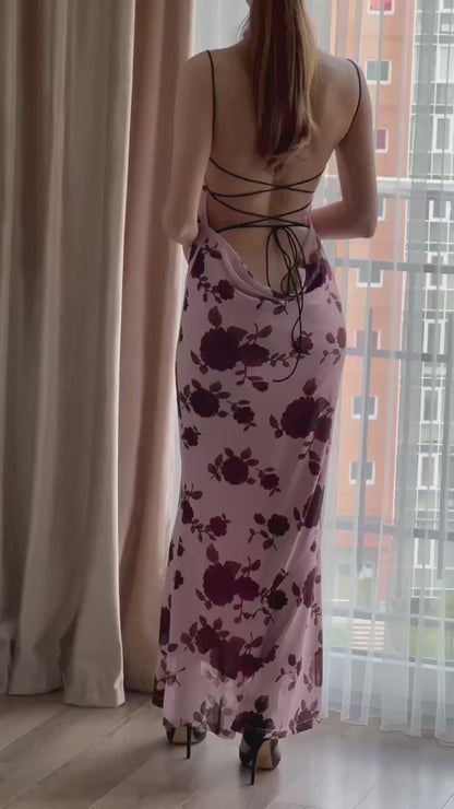 Lace Up Backless Floral Printing Bodycon Maxi Dress