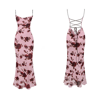 Lace Up Backless Floral Printing Bodycon Maxi Dress