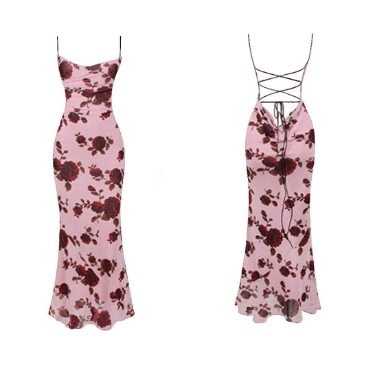 Lace Up Backless Floral Printing Bodycon Maxi Dress