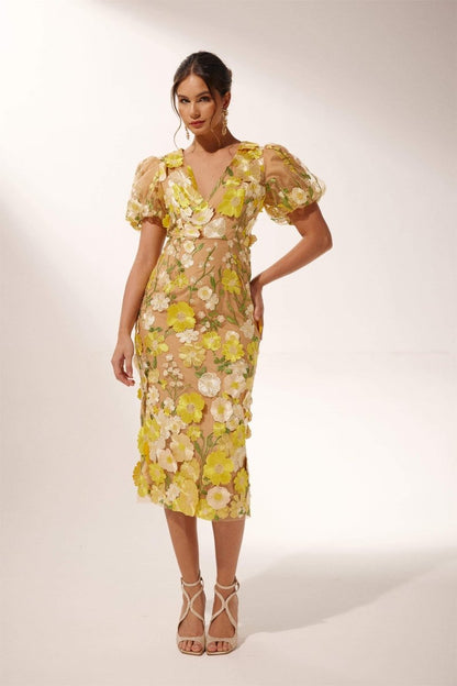 dresses - Sally V - neck Floral Midi Dress - SD00607043017 - Yellow - S - Sunfere