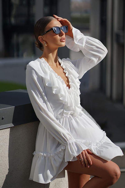 dresses-Sharon V-neck Ruffle Mini Dress-SD00604112663-White-S - Sunfere