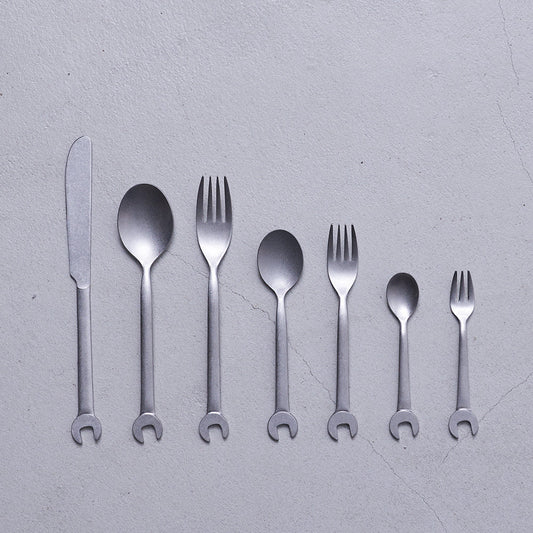 Vintage INOX Spanner Series dinner knife with unique spanner handle design, dishwasher safe and playful cutlery for adults.