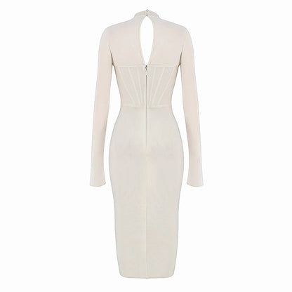 White and Black Midi Dress with Mesh Long Sleeves and Corset