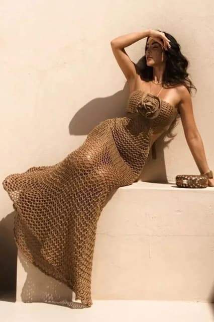 '-Yedda Halterneck Crochet Maxi Dress-SD00604012622-Brown-S - Sunfere