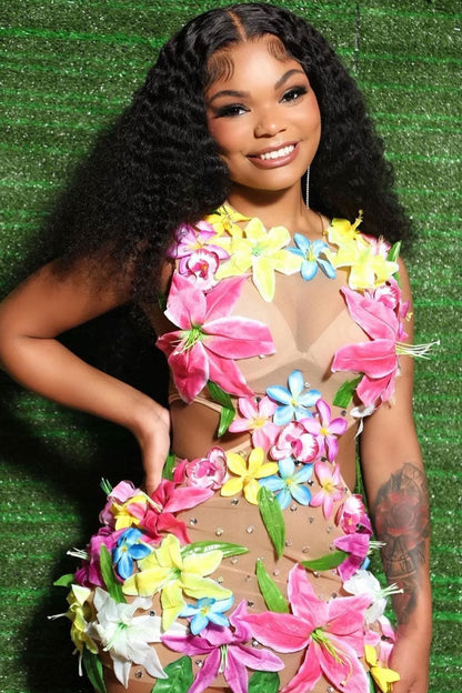 3D Flower Applique Rhinestone Cutout Sleeveless Sheer Mesh Mini Dress - Nude
