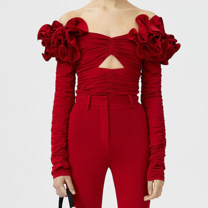 Red Flower Decorated Long Sleeve Off Shoulder Hollow Out Ruched Blouse