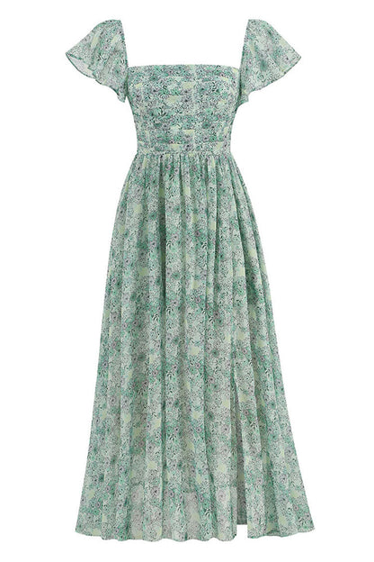 Breezy Square Neck Pleated Fit & Flare Split Floral Printed Midi Dress - Green
