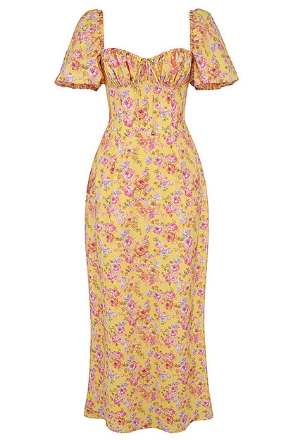 Pretty Tie Neck Puff Sleeve Floral Print Puff Sleeve Summer Maxi Sundress - Yellow