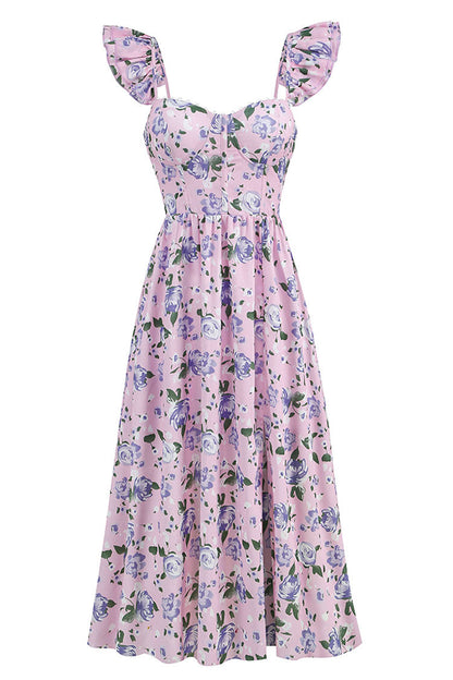 Romantic Sweetheart Corset Floral Printed Lace Up Back Split Midi Sundress - Lilac